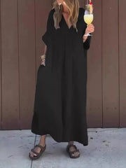 Full Size V-neck Maxi Dress Plus Size in Navy Blue, editorial view