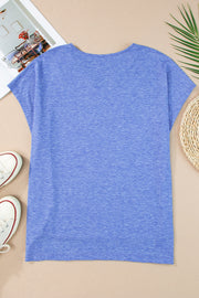 Dusty blue dolman sleeve blouse with a round neckline and heathered texture.