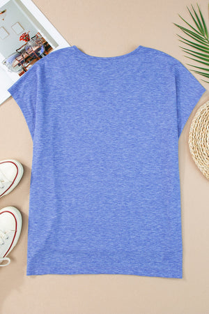 Dusty blue dolman sleeve blouse with a round neckline and heathered texture.