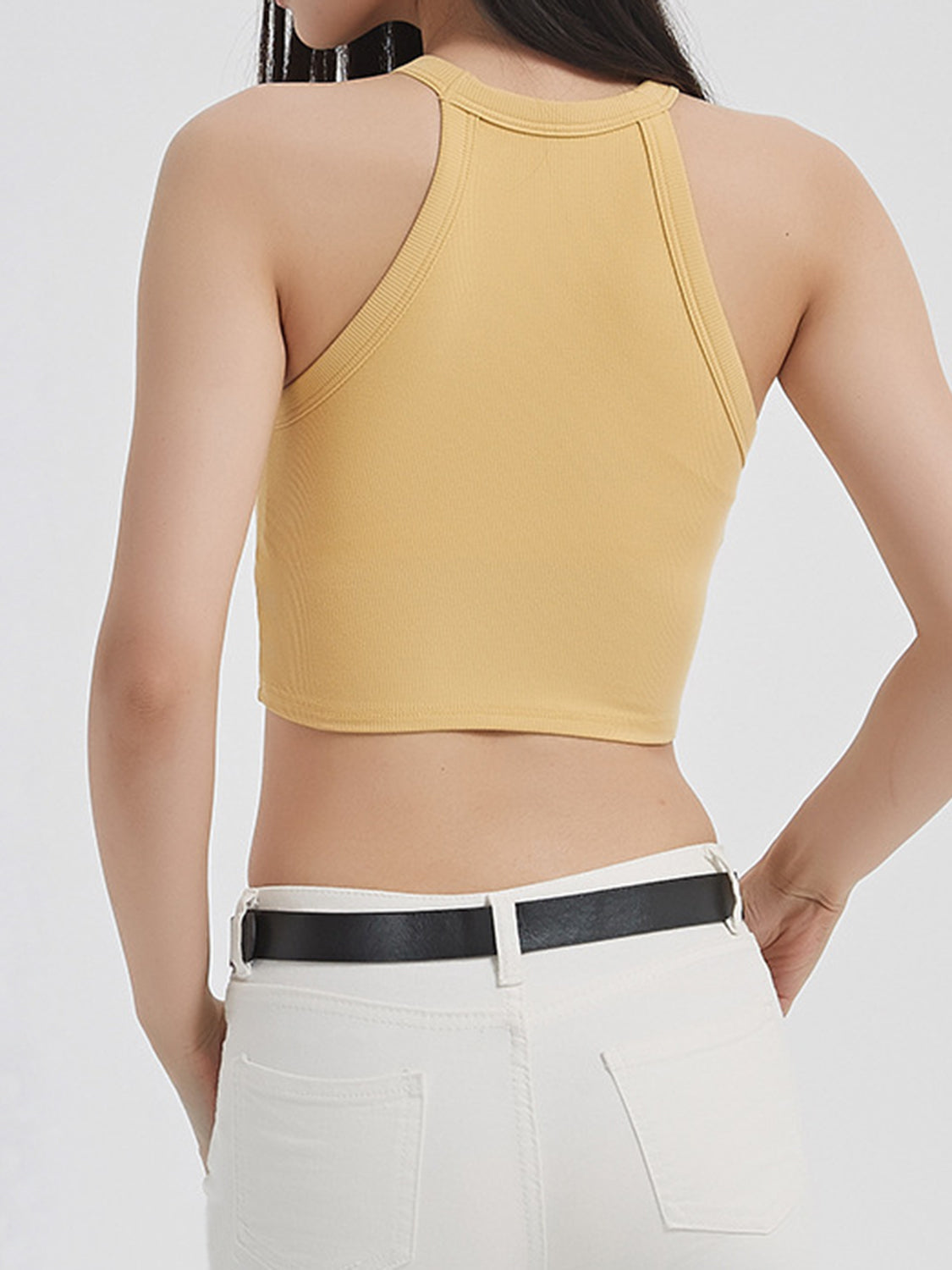 Mustard ribbed halter crop top with contrast stitch detail