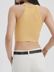 Mustard ribbed halter crop top with contrast stitch detail