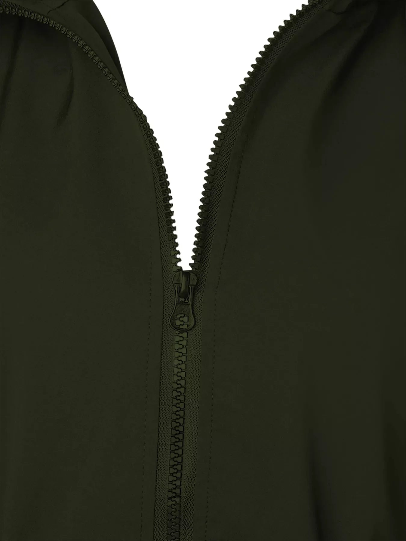 Military green waterproof hooded zip-up jacket with black zipper detail.