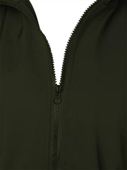 Military green waterproof hooded zip-up jacket with black zipper detail.