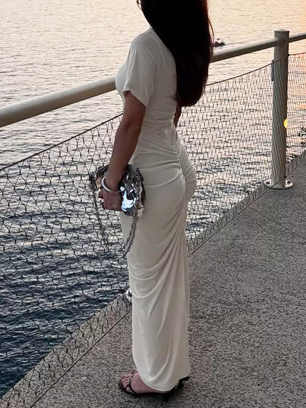 Ruched Short Sleeve Maxi Dress in Apricot, model styling view