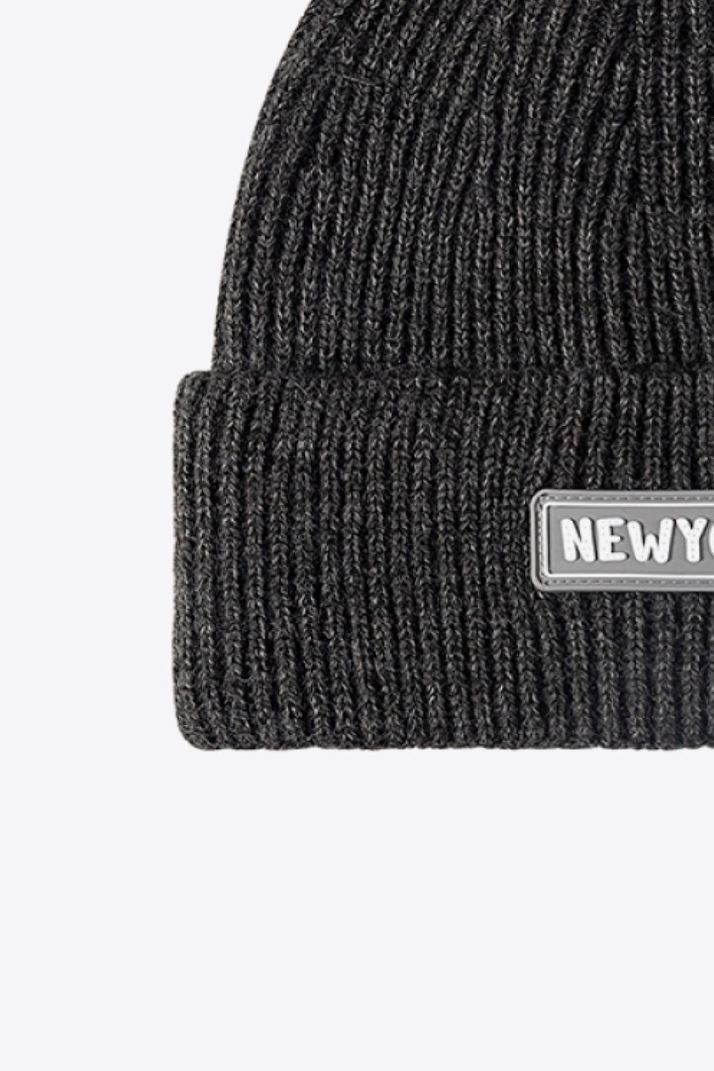 Dark Gray ribbed acrylic beanie with New York patch detail