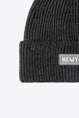 Dark Gray ribbed acrylic beanie with New York patch detail