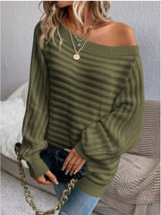 Chic one-shoulder ribbed knit sweater in army green with balloon sleeves.