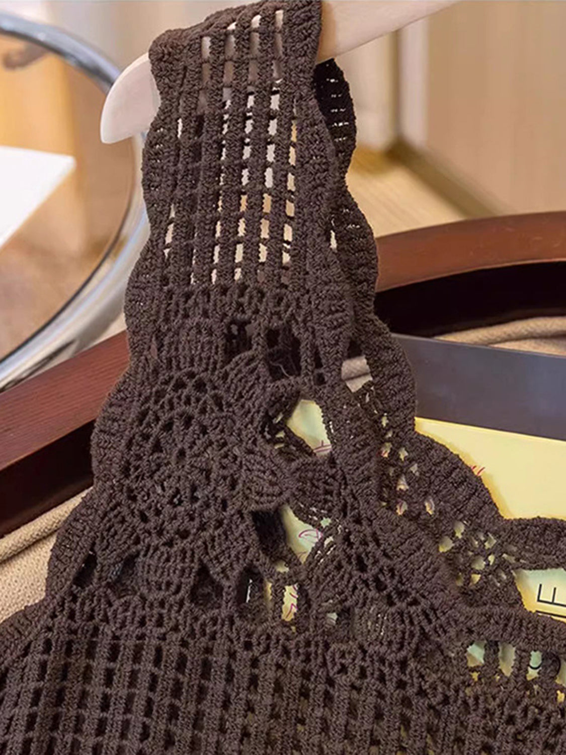 Crochet floral overlay tank top in Olive Brown with intricate openwork and scalloped hem detail.