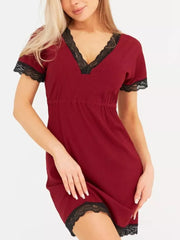 Ribbed Lace-trim V-neck Mini Dress Plus Size in Apricot, fabric detail