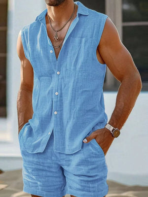 Sky blue linen vest and shorts set for men, button-up, collared, sleeveless top with chest pocket.