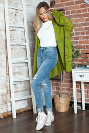 Open-knit slouchy cardigan in matcha green with wide sleeves and a relaxed fit.