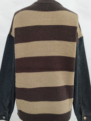 Brown and tan striped knit sweater with black denim sleeves.