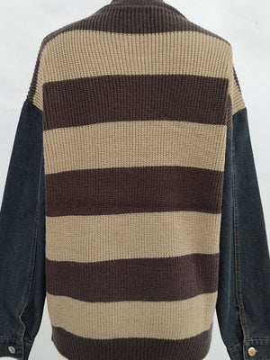 Brown and tan striped knit sweater with black denim sleeves.
