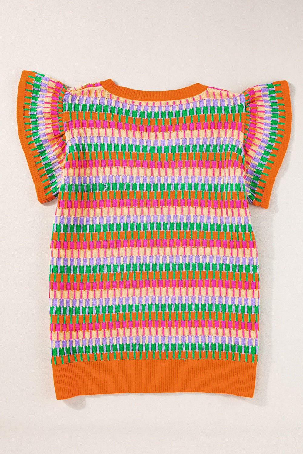 Geometric knit top with flutter sleeves in orange and green stripes, featuring a colorful geometric pattern.
