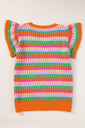 Geometric knit top with flutter sleeves in orange and green stripes, featuring a colorful geometric pattern.