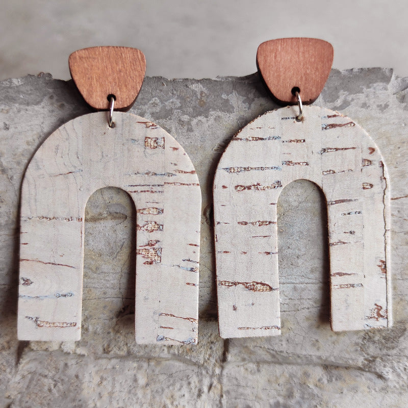 Archway cork statement earrings with wood tops, boho style.