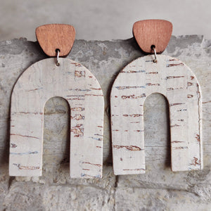 Archway cork statement earrings with wood tops, boho style.