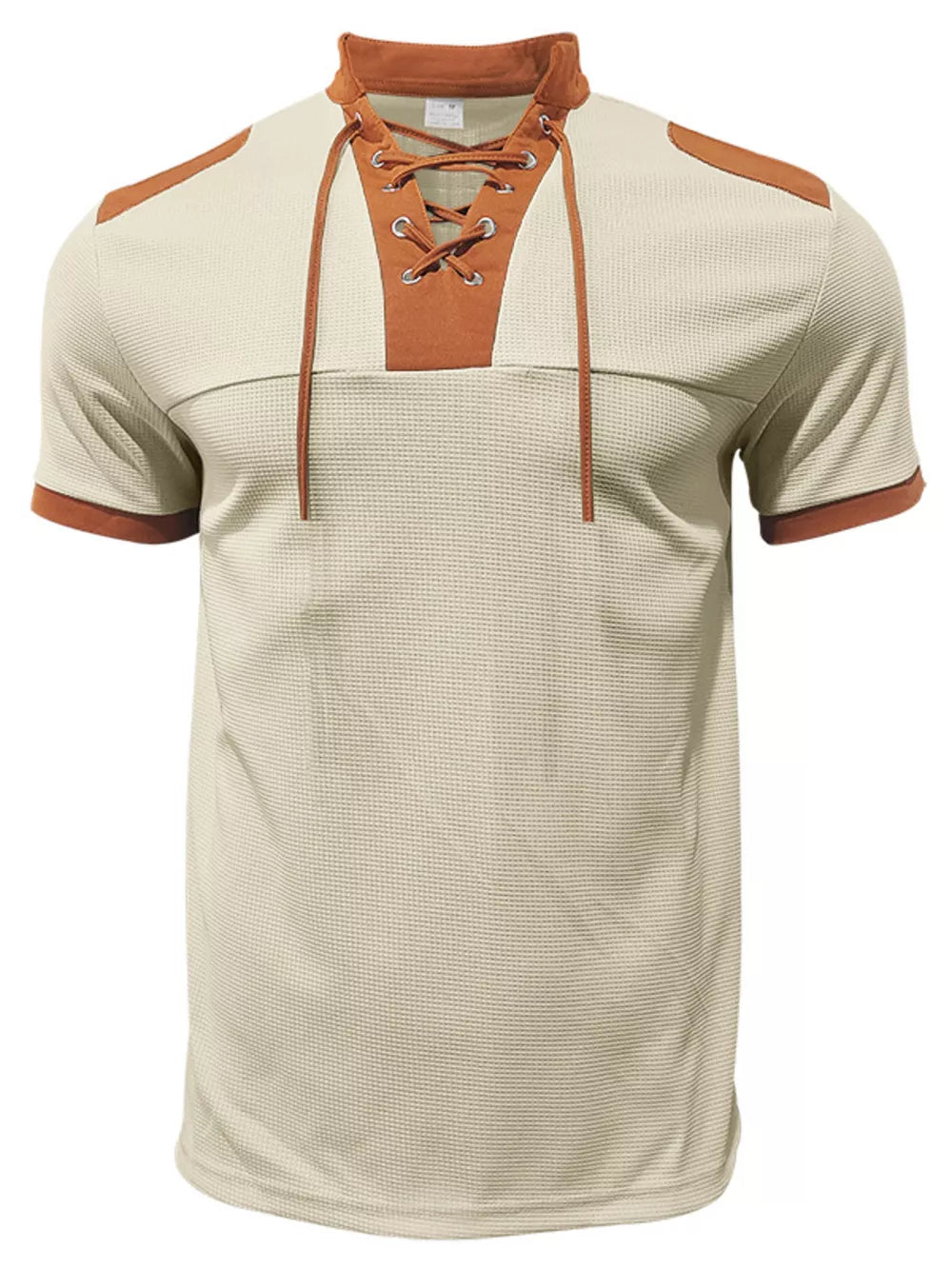 Men's short sleeve tee in apricot with lace-up neckline and contrasting trim.