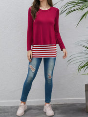 Layered Crew Neck Long Sleeve Striped T-shirt in Light Gray, fabric detail