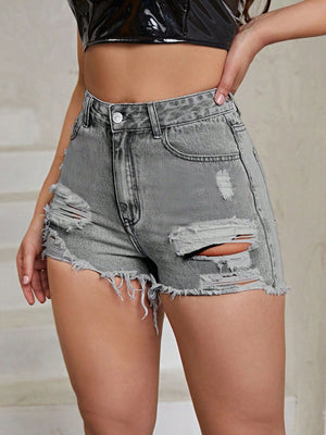 Gray distressed denim shorts with frayed hem and ripped details.