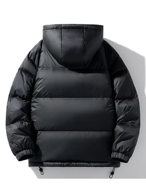 Black puffer jacket with hood, quilted detail, and drawstring hem.