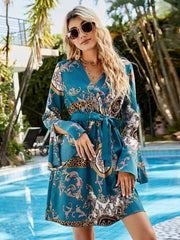 Deep Teal Baroque Print Wrap Dress with Leopard Trim and Bell Sleeves