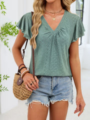 Dark green eyelet t-shirt with flutter sleeves and ruched V-neck.