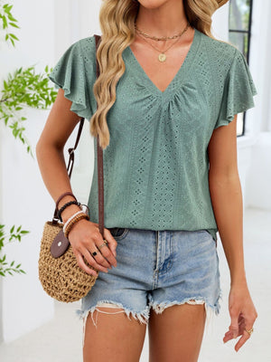Dark green eyelet t-shirt with flutter sleeves and ruched V-neck.