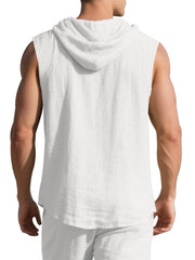 Men's white cotton sleeveless hooded shirt, back view