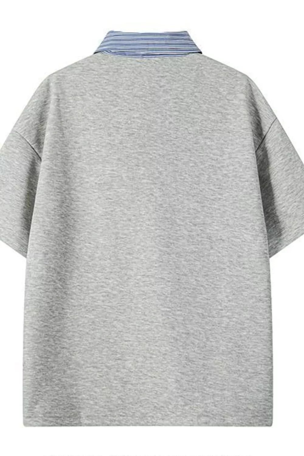 Light gray relaxed fit polo with a blue striped collar.