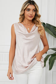 Beige jacquard drape neck tank top with a subtle animal print pattern.