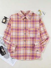 Oversized plaid shacket with pocket, classic collar, button-down front, and curved hem in pink and yellow plaid.