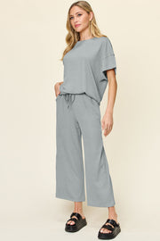 Waffle knit lounge set in Cloudy Blue with drawstring pants and relaxed fit top.