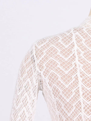 White lace maxi dress with mock neck and long sleeves, featuring a diamond pattern.