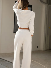 White waffle knit cropped lounge set with wide leg pants.
