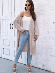Ribbed knit maxi cardigan in Khaki with pockets and balloon sleeves.