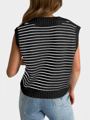 Black ribbed knit polo vest with white horizontal stripes and a collared neckline.