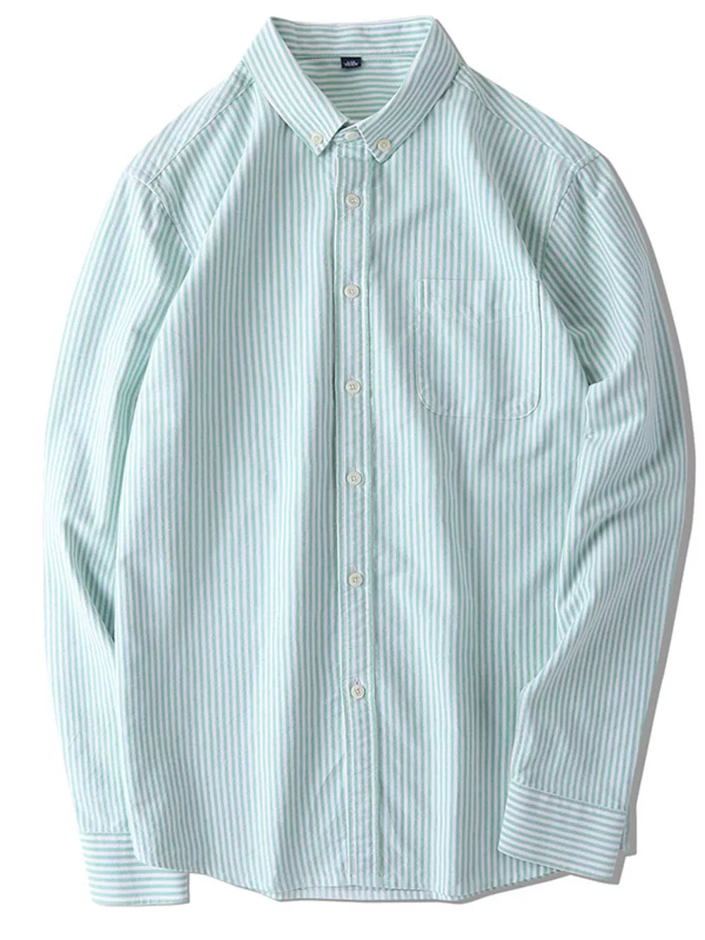 Classic striped button-down shirt in light blue cotton with a chest pocket.