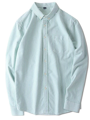 Classic striped button-down shirt in light blue cotton with a chest pocket.