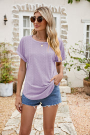 Perforated sleeve tee in lavender with rolled cuffs and a crew neck.