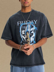 Black vintage wash graphic tee with Friday the 13th print and crew neck.