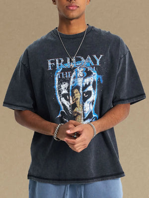 Black vintage wash graphic tee with Friday the 13th print and crew neck.