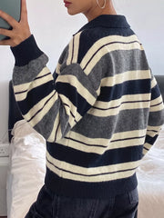 Striped Long Sleeve Button Detail Sweater in Dark Blue, back view