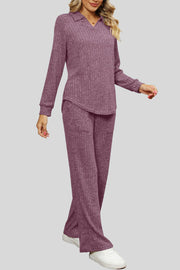 Mauve ribbed knit lounge set with collar and wide leg pants with pockets.