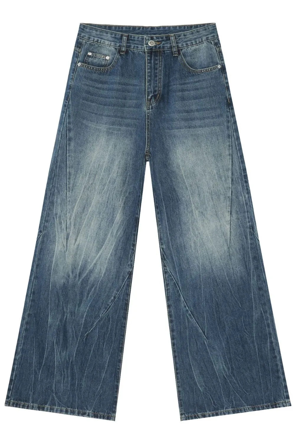 Oversized wash-effect palazzo jeans in medium blue denim with a wide leg and distressed details.