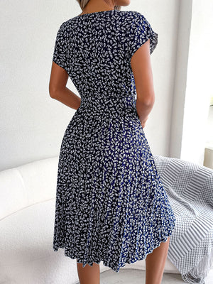 Navy floral print midi dress with tie waist and short sleeves