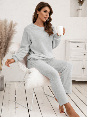Light Gray plush loungewear set with raglan sleeves and relaxed fit pants.