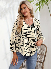 Women's cream abstract scribble print blouson sleeve top