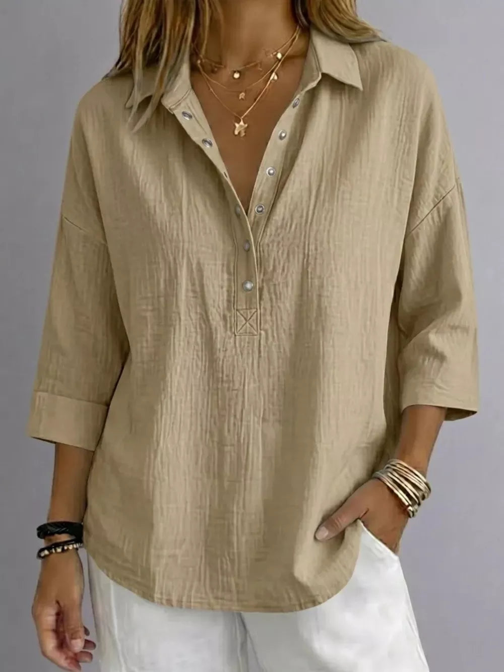Full Size Snap Down 3/4 Sleeve Blouse Plus Size, alternate angle