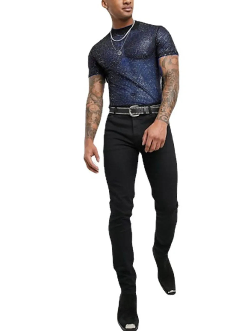 Navy glitter mesh mock neck tee with short sleeves.